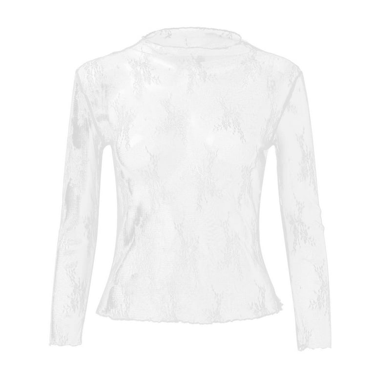 Bjutir Oversized T Shirts For Women Mesh Long Sleeve Layering Top For Women  Mock Neck Floral Embroidery Sheer See Through Tee Shirt Blouse