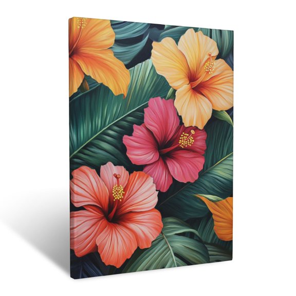 CozyNet Tropical Scene With Vibrant Hibiscus Flowers And Large Banana Leaves Wall Art Prints With Frame Canvas Perfect for Living Room & Bedroom, Ready to Hang, Wall Decor 12"x16"in