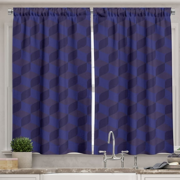 Ambesonne Dark Blue Kitchen Curtains, Indigo 3D Paint Cubes, 55"x45", Dark Blue and Blue