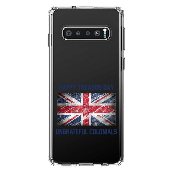 DistinctInk Clear Shockproof Hybrid Case for Samsung Galaxy S10 (6.1" Screen) - TPU Bumper Acrylic Back Tempered Glass Screen Protector - Happy Treason Day Ungrateful Colonials