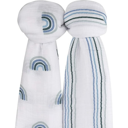 UPC: 0850011184462 | Ely s & Co. Cotton Muslin Swaddle Blanket 2-Pack for Baby Boy 100% Cotton Muslin Extra-Large Swaddle Blankets (47 x 47) (Blue Rainbows | Blue Stripes)