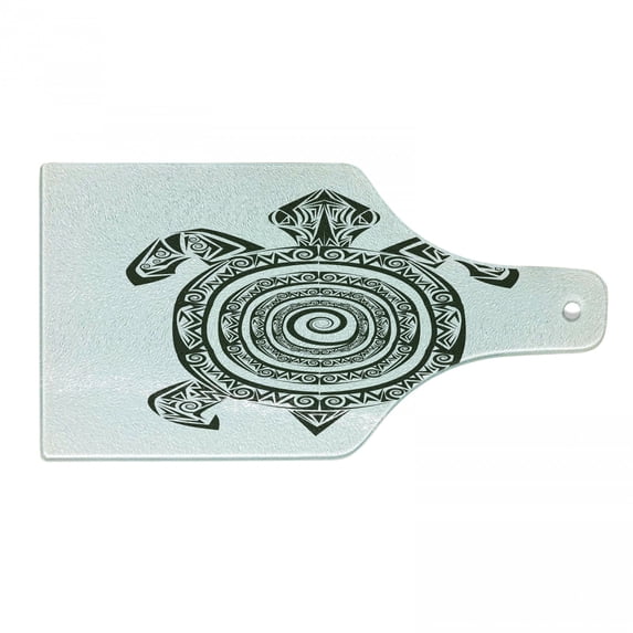 Turtle Cutting Board, Maori Tattoo Style of Sea Animal Tribal Spiral Form Tropical, Decorative Tempered Glass Cutting and Serving Board, Wine Bottle Shape, Black and White, by Ambesonne