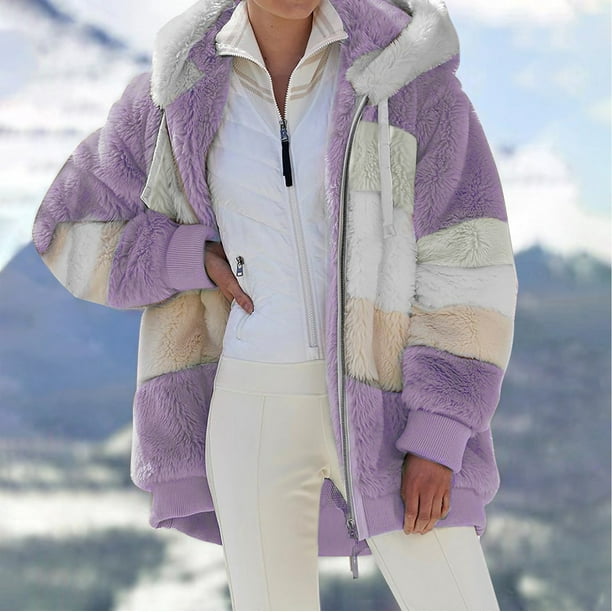 Women Fall Winter Warm Plush Hooded Coat Contrast Color Long Sleeve Zip ...