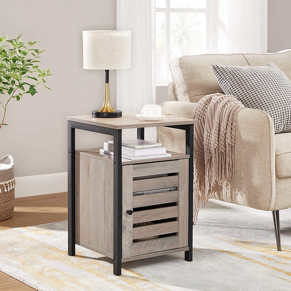 Kadyn End Table, Steel Side Table with Open Shelf and Door, Inner Adjustable Shelf, Bedside End Table for Bedroom, Greige and Black Kadyn End Table, Steel Side Table with Open Shelf and Door, Inner Adjustable Shelf, Bedside End Table for Bedroom, Greige and Black