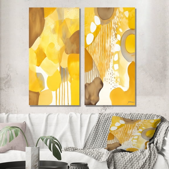 Designart "Retro Mustard Dreams Watercolor IV" Modern Midcentury Wall Art Set Of 2 - Mid-Century Yellow Gallery Wall Set For Home Decor