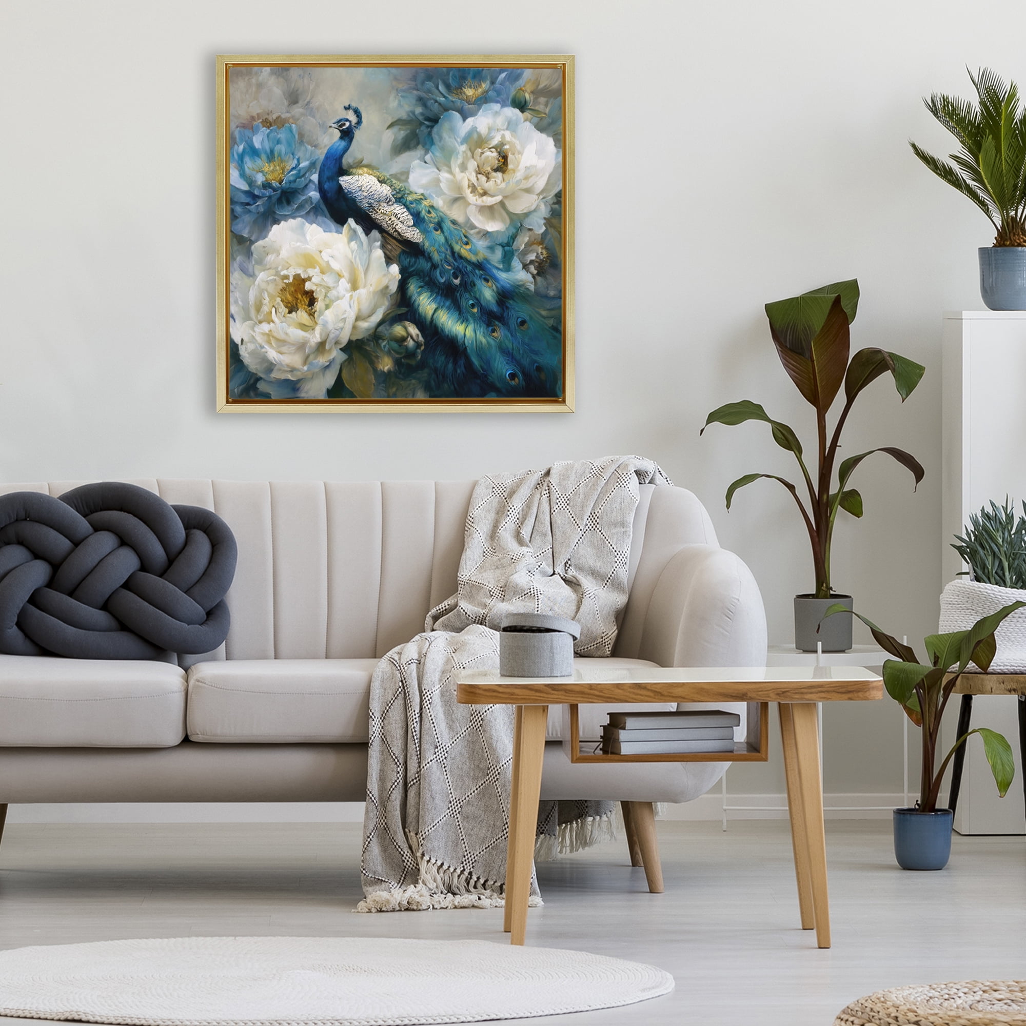 Stupell Industries Pretty Peacock with Roses Gold Framed Floater Canvas Wall Art, design by Tina LeCour
