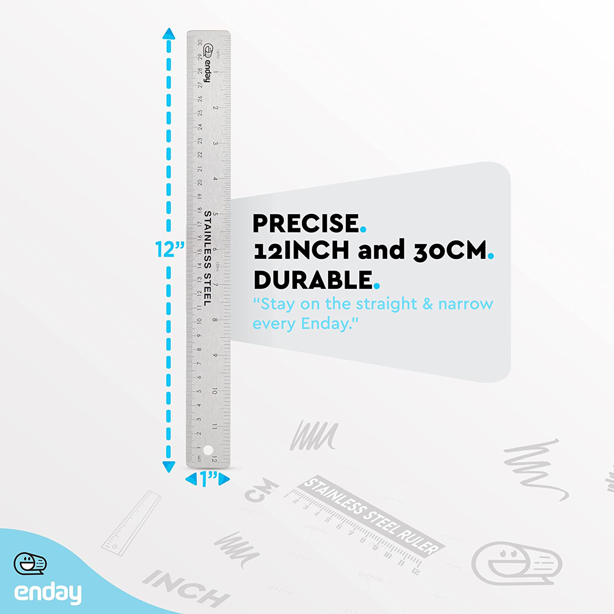 Enday Metal Ruler 12 Inch Stainless Steel Straight Edge Ruler Pack Of