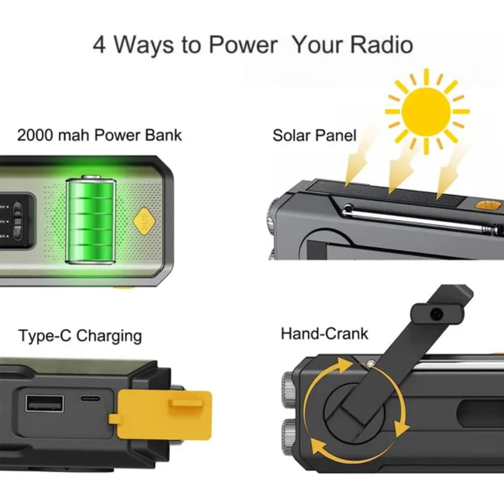 Emergency Multi-Function Weather Radio - FM/AM/WB Radio with Hand Crank, Solar Charging and USB Power Bank - 2000mAh Battery Capacity - Includes LED Flashlight and Portable Power Bank