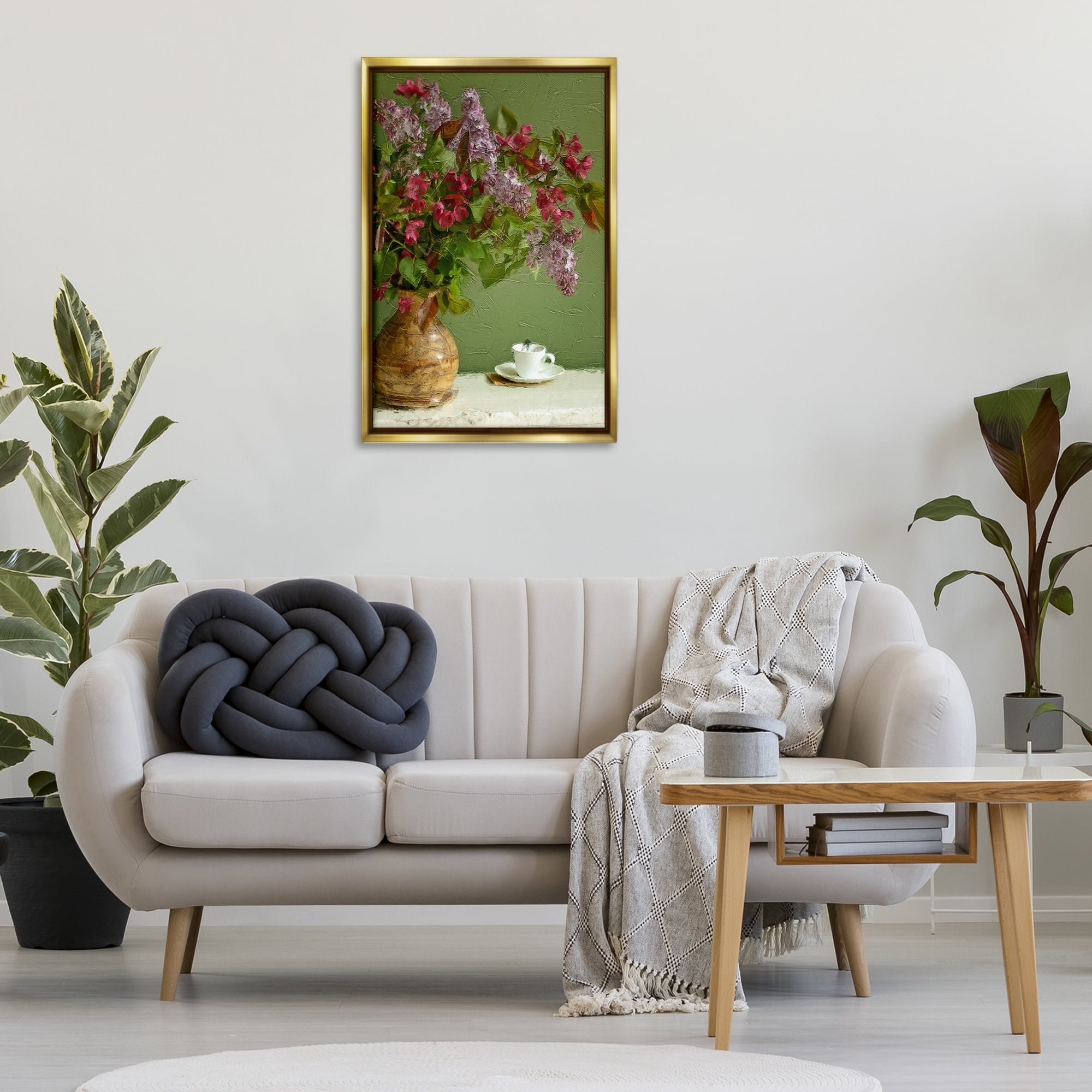 Stupell Industries Flowers & Teacup Botanical & Floral Painting Gold Floater Framed Art Print Wall Art, 21 x 31