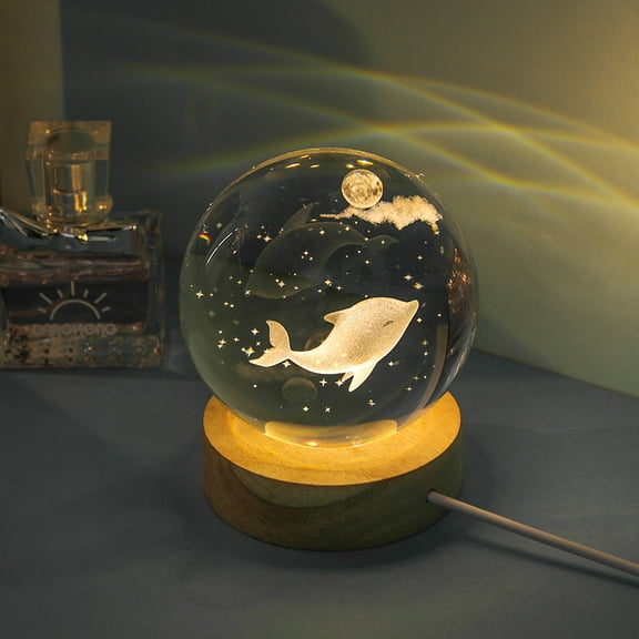 3D Crystal Ball Night Light，Glass Ball Night Lamp with Wooden Base，LED Nightlight for Bedroom Decor（Dolphins）