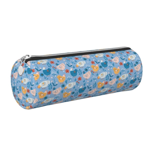 Easygdp Cute Chickens and Flowers para Estuche de Lápices Cilíndrico de Cuero con Cremallera, Organizador de Lápices de Cuero para Escuela, Oficina y Viajes