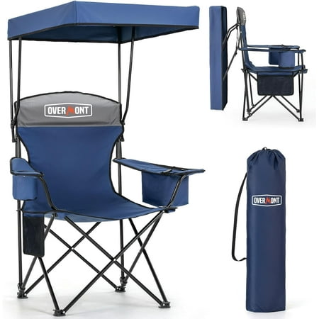 Overmont Beach Chair with Canopy Shade and Cooler - Support 330lbs Oversized Folding Camping Chair with Umbrella- Cup Holder - Cool Bag - Lounge Chair for Sand Travel Outdoor Pool Sports Blue