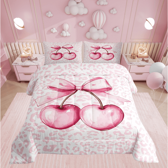 Pink Bowknot Comforter Set King Size,Cherry Bow Tie Girly Princess Bedding Set,Women Room Decor,Pink Leopard Cheetah Down Comforter,Romantic Fashion Duvet Insert,2 Pillowcases