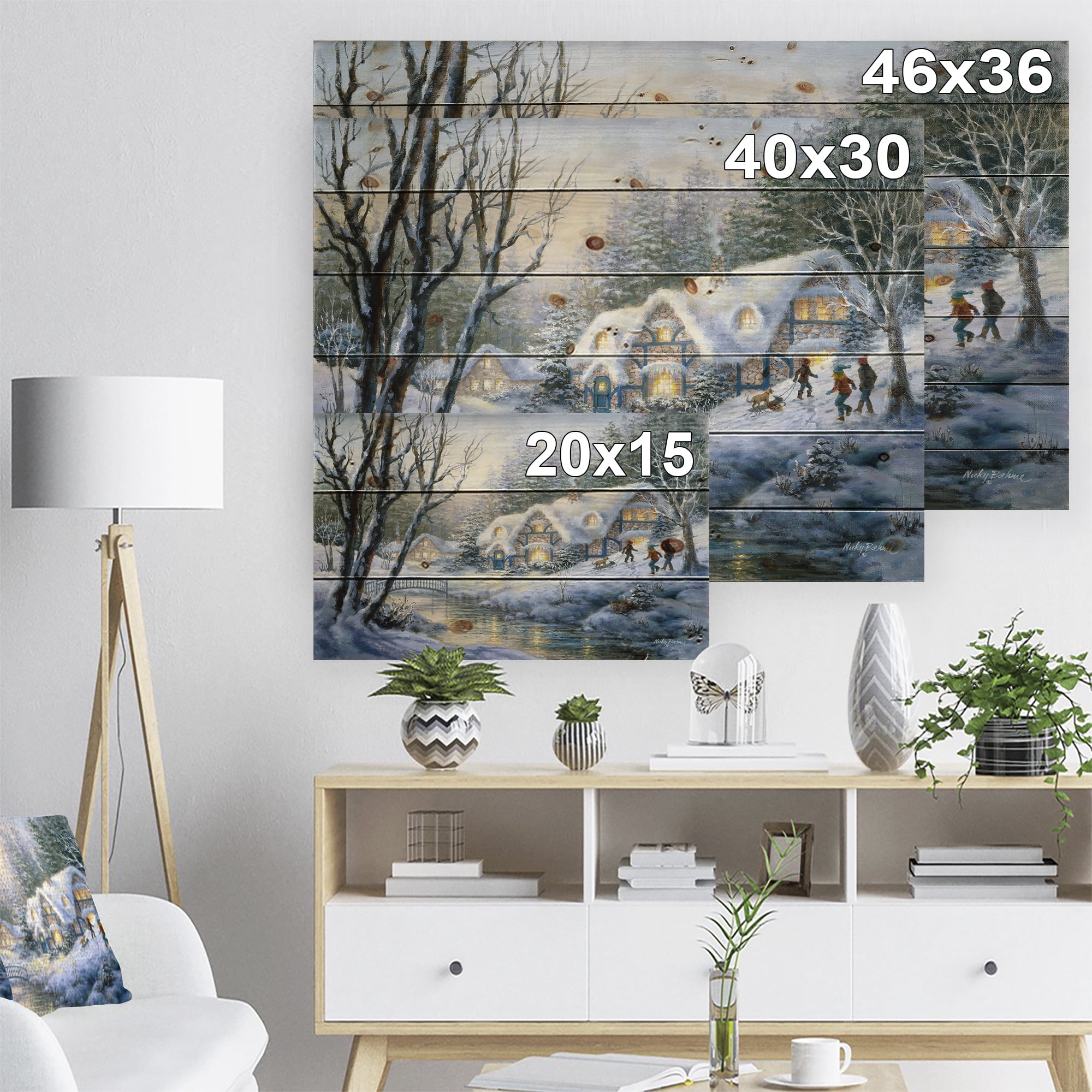 Designart 'Christmas evening Winter Frolic' Print on Natural Pine Wood
