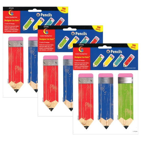 Creative Teaching Press Upcycle Style Pencils 6" Designer Cut-Outs, 108 Per Pack, 3 Packs