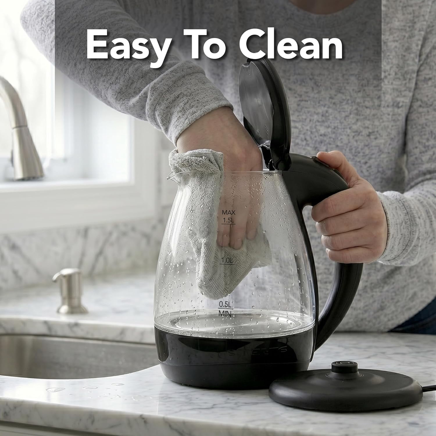 Ovente Lighted Electric Glass Kettle 1.5 L with Blue LED Lights, Black KG845B