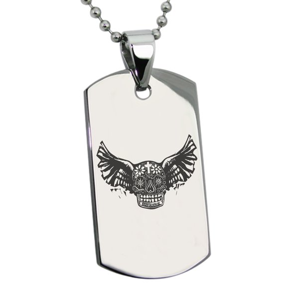 Stainless Steel Day of the Dead Winged Skull Engraved Dog Tag Pendant Necklace