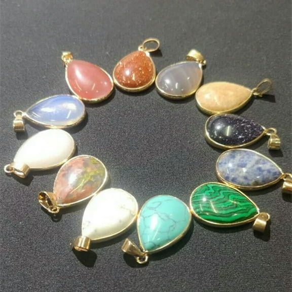 K-KED 12pcs Wholesale Mixed Natural Stone Gold Side Water Drop Pendants 26x20mm DIY