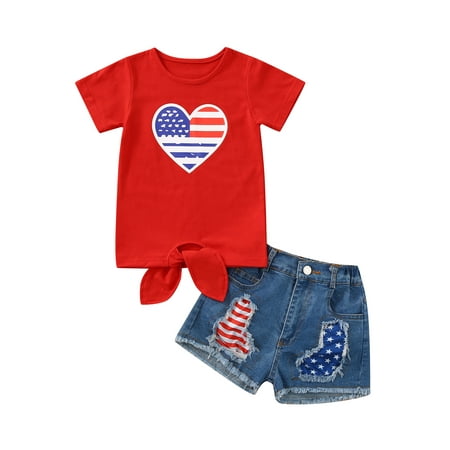 

Girls Summer Clothes Heart-shaped Flag Patchwork Short Sleeve T-shirt Tops and Ripped Denim Shorts Set