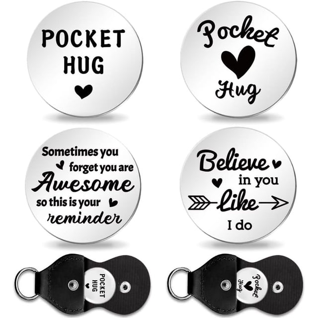 2Pcs Encourage Pocket Hug Token with Key Chains Flat Round Double Sided Engraved Stainless Steel Commemorative Decision Maker Coin Pocket Hug Coin for Family Friend Lover