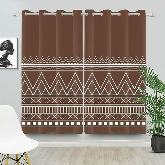Brown Blackout Curtains, Boho Minimalist White Striped Window Curtains For Living Room Chic Geometric Room Darkening Curtains With Grommets 53"W x 96"L (Pack of 2)