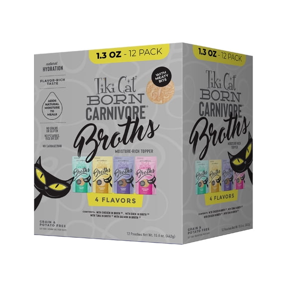 Tiki Cat Born Carnivore Broths Wet Cat Food Toppers, Variety Pack, 1.3 oz. Pouch (12 Count)