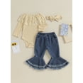 thumbnail image 3 of Loicainy Baby Toddler Girls 3 Piece Outfits 6 9 12 18 24 Months Lace Patchwork Off-Shoulder Romper and Elastic Denim Flared Pants Headband Set Fall Clothes, 3 of 8