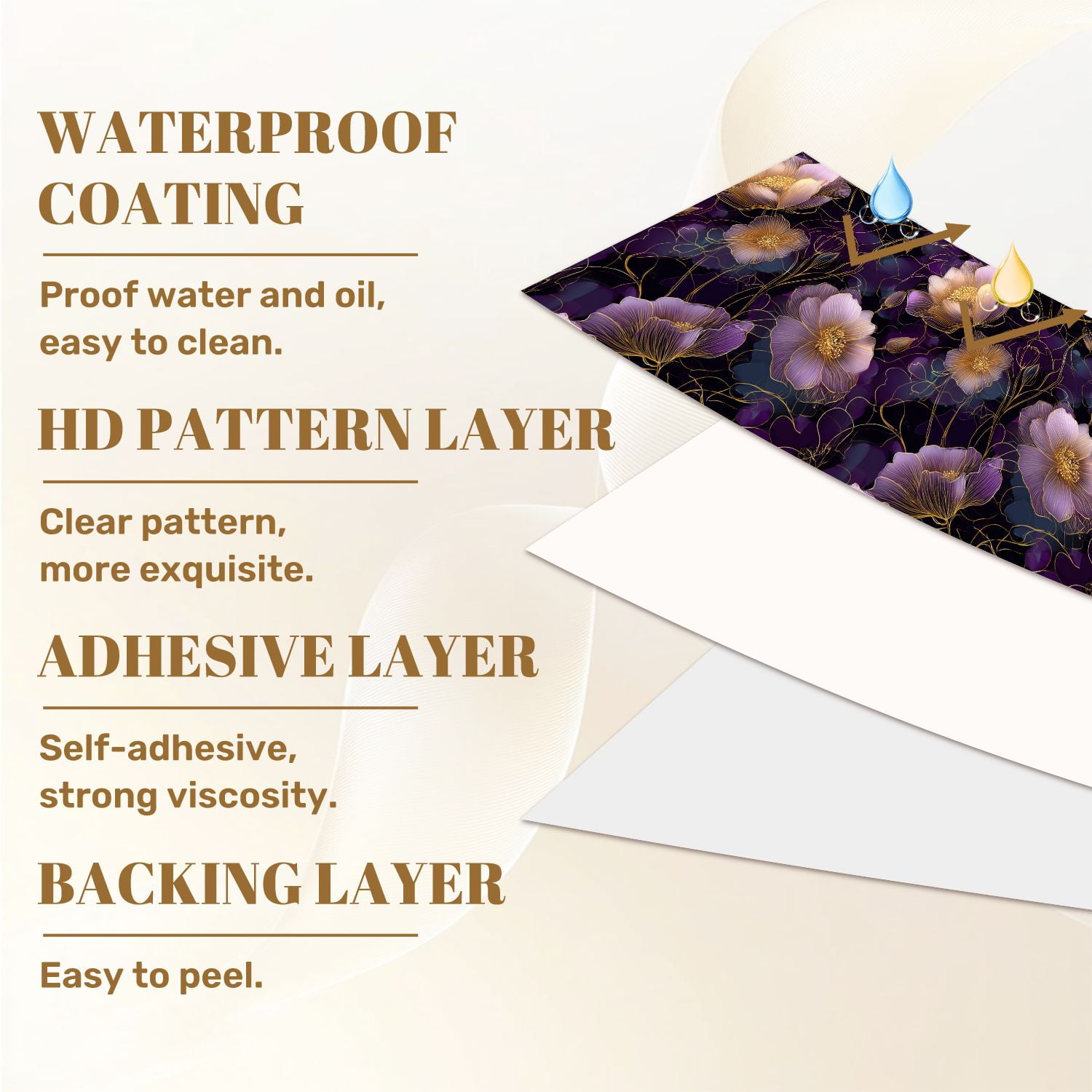 Peel and Stick Wallpaper Elegant Floral Purple Gold Flowers Dark Wall Mural 23.6in x 9.8ft Self Adhesive Removable Wall Paper Renter Friendly Wallpaper for Nursery Bedroom Cabinets