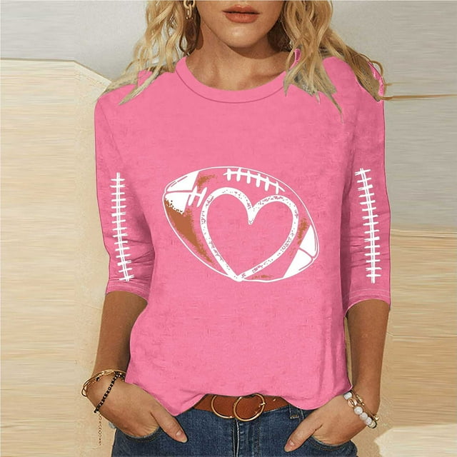 Heisall Womens Tops 3/4 Sleeve Round Neck Loose Casual Fashion T-Shirts Rugby Print