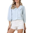 thumbnail image 2 of Button Down Striped Shirt Dressy Casual Blouse for Women Ruffled Sleeve Summer Babydoll Tops L Blue, 2 of 6