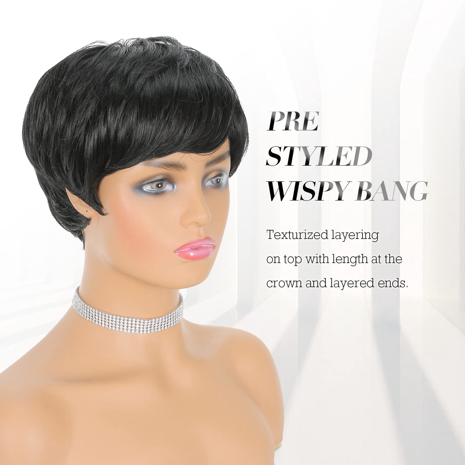 Layered Pixie Cut Wigs Synthetic Short Ombre Gray Wavy Grey to Black Glueless Wig for Women with Bangs