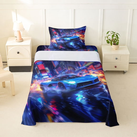 Castle Fairy Cyberpunk Blue Car Twin Sheet Sets 3pcs for Men, Neon City Bedding for Bedroom, Blue and Orange