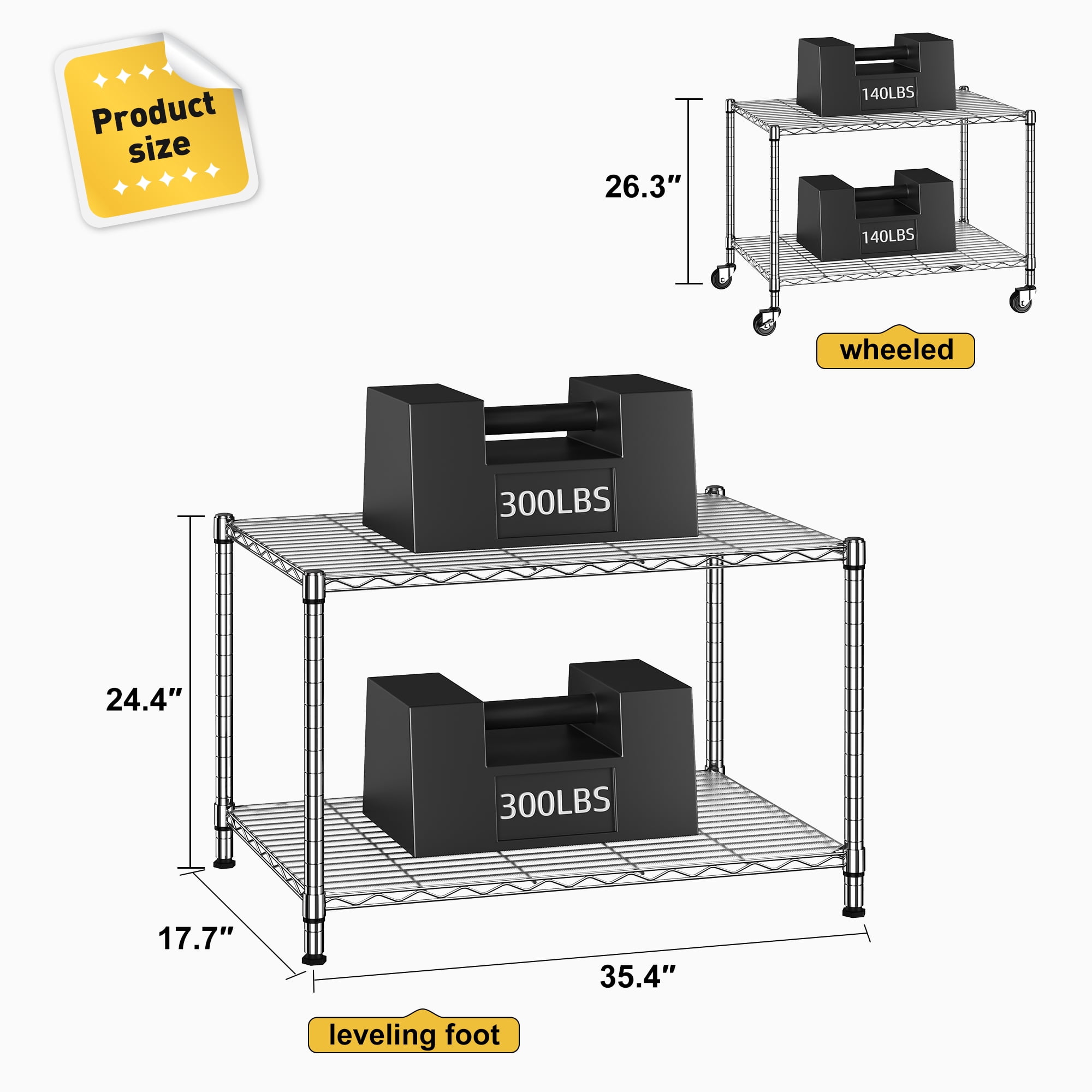 REIBII 2 Tier Wire Shelving Unit with Wheels,Heavy Duty Kitchen Appliance Shelf,36"W x 18"D Metal Storage Shelves for Pantry Garage Laundry,300 lbs Per Shelf,Chrome