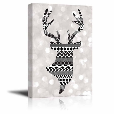 Deer Pattern - wall26 - Rich Black Deer Silhouette with zentagle Patterns on a Silver Colored Bokeh Background - Canvas Art Home Decor - 12x18 inches