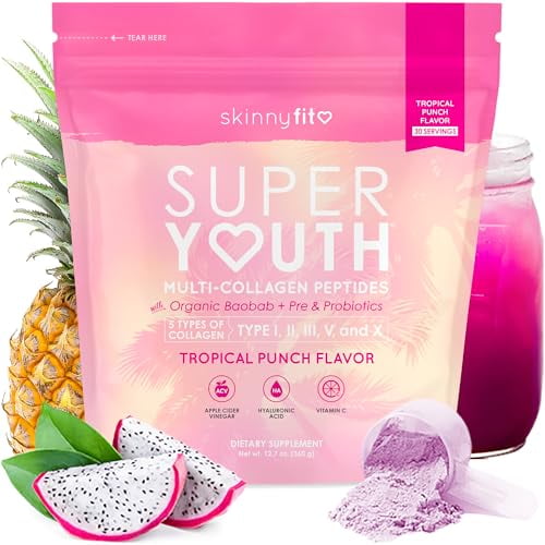 SkinnyFit Super Youth Tropical Punch Péptidos multicolágeno + probióticos, fibra de baobab, vinagre de sidra de manzana, ácido hialurónico y vitamina C, apoyo para la piel, el cabello, las articulacio