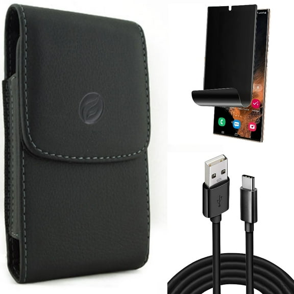 10ft USB Cable & Privacy Screen Protector & Case Belt Clip for Samsung Galaxy S22 Ultra (6.8") - Combo Type-C Charger Cord Power & TPU Film (Fingerprint) Anti-Peep & Leather Holster Cover