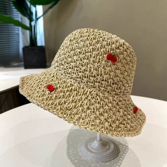 SikaFu Sunscreen Beach Hat For Summer Leisure Show Face Small Travel Cherry Straw Hat Sunshade Fisherman Hat Female Pot Hat