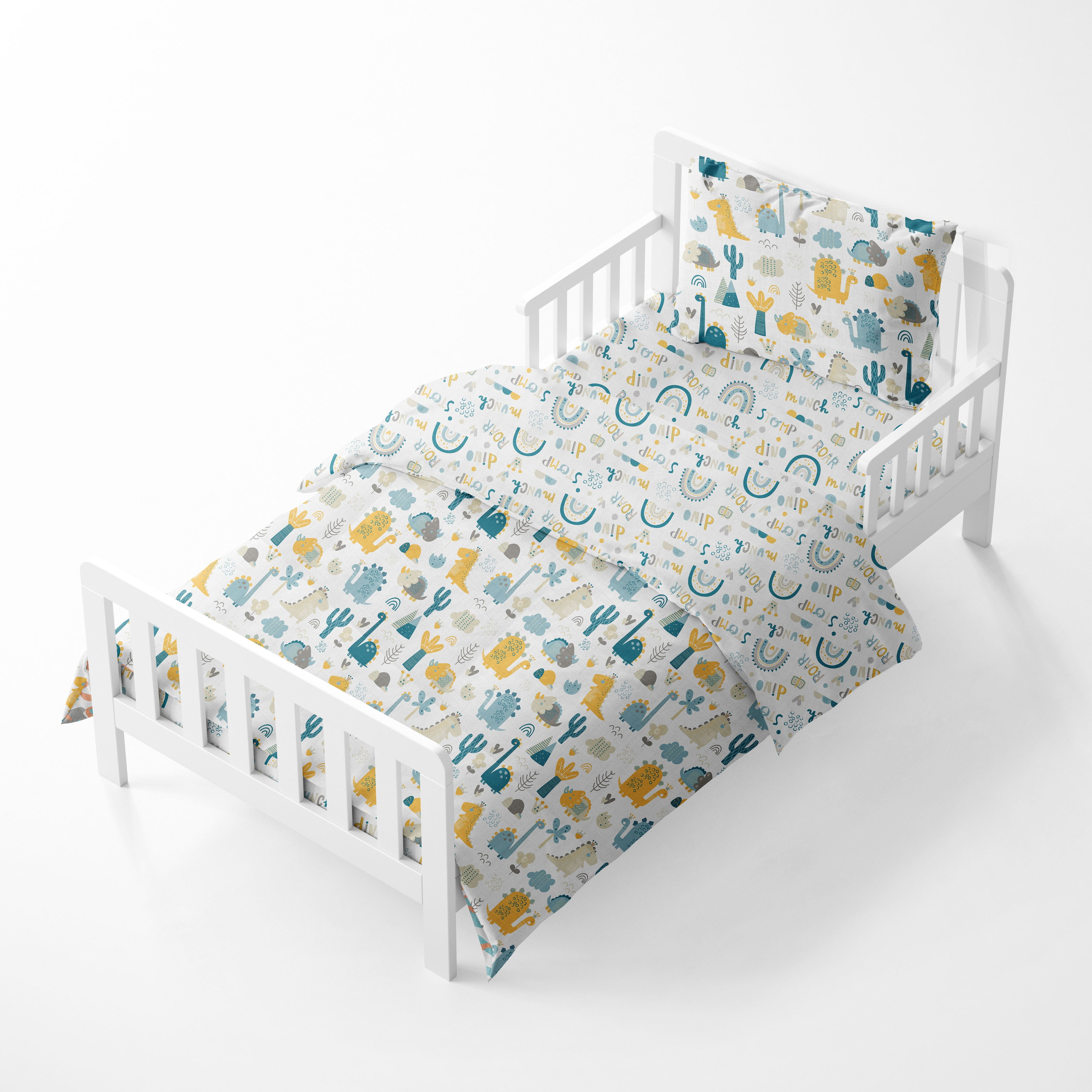 Bacati - Boys 5 pc Toddler Bedding/Sheet Set 100% Cotton Muslin, Little Dino Teal/Yellow/Gray