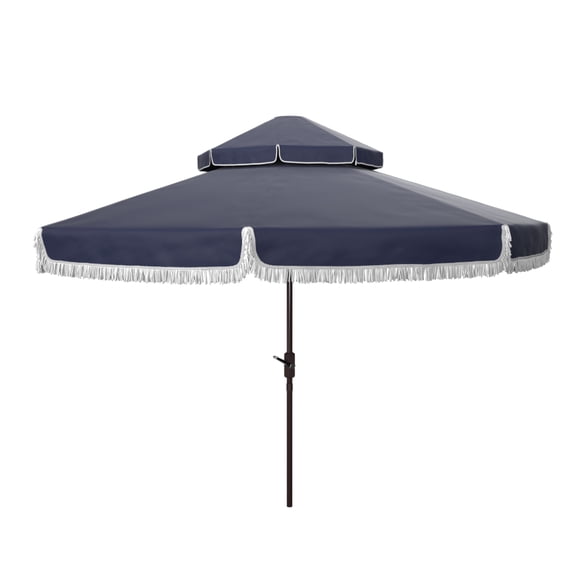 Safavieh Milan Fringe 9' Market Crank Double Top Umbrella, Navy/White