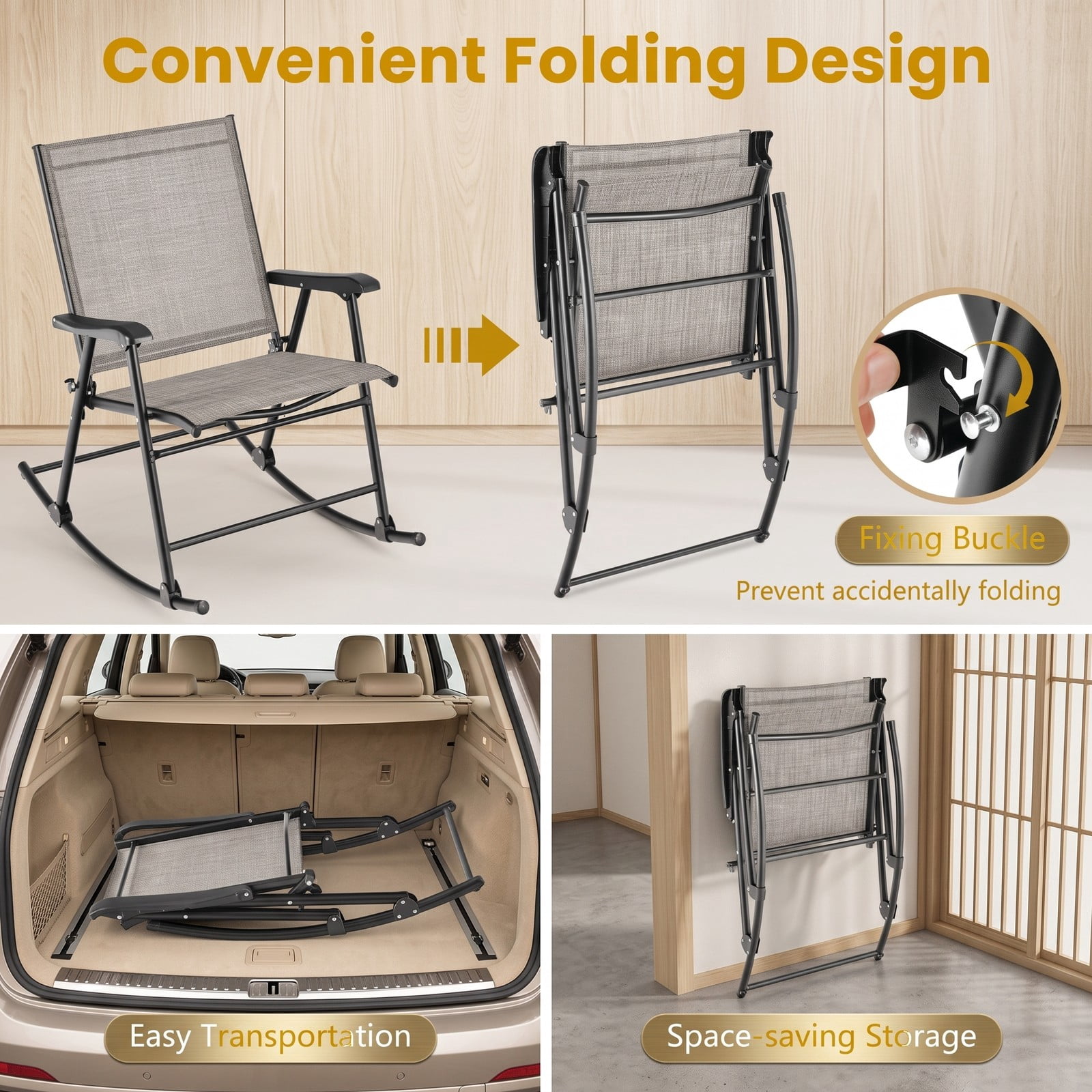 Furnibear Folding Rocking Chairs Set of 2 with Breathable Sling Seat and Heavy-Duty Metal Frame for Patio, Porch and Poolside, Brown