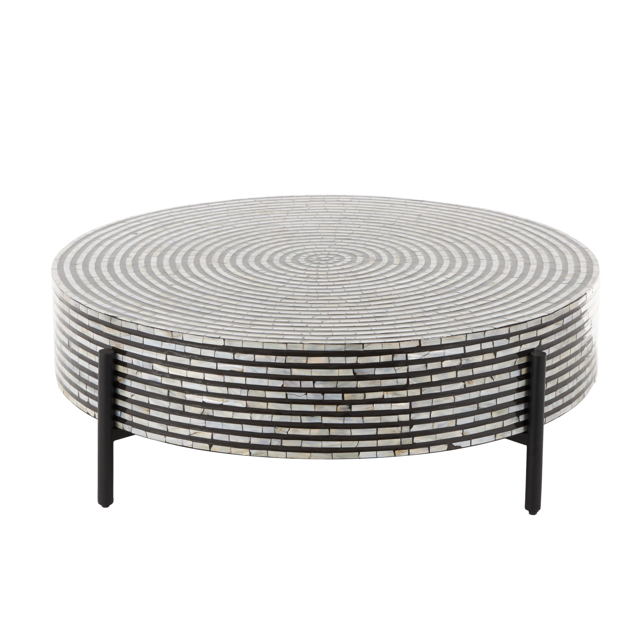 DecMode 38" x 12" Gray Mother of Pearl Shell Handmade Mosaic Inlay Geometric Coffee Table with Black Metal Legs, 1-Piece