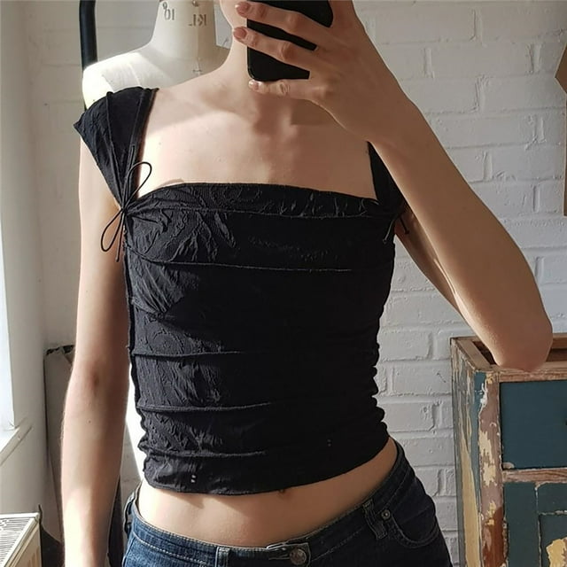 Camisa de Color puro NikouMX Top con lazo Tirantes para mujer