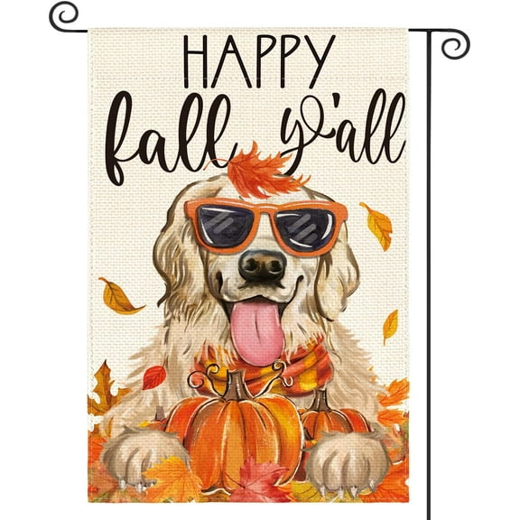 Shmbada Fall Dog Golden Retriever Garden Flag 12x18 Inch Double Sided, Happy Fall Y'all Seasonal Autumn Yard Outdoor Decorative Flag