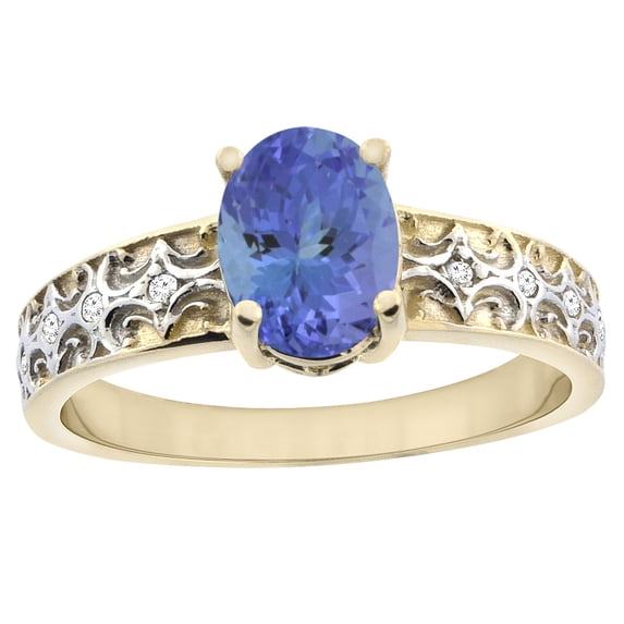 14K Yellow Gold Natural Tanzanite Ring Oval 8x6 mm Diamond Accents, size 8.5