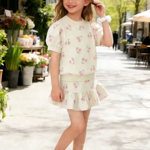 Conjuntos de blusas y camisas de cuello redondo y manga corta para niños, primavera y verano, estampado, camiseta de cuello redondo y manga corta, conjunto de dos piezas con falda de media longitud pa