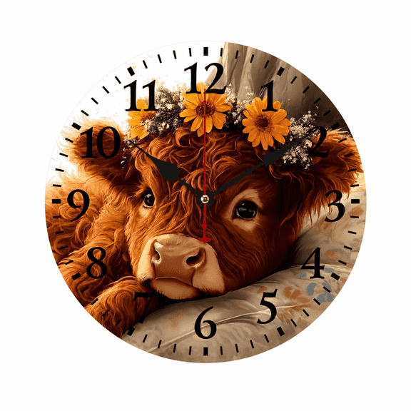 CozyHour 9.84 inch Highland Cow Wall Clock, Silent Non-Ticking Battery Operated Round Analog Clock for Bathroom Kitchen Living Room Office Decor