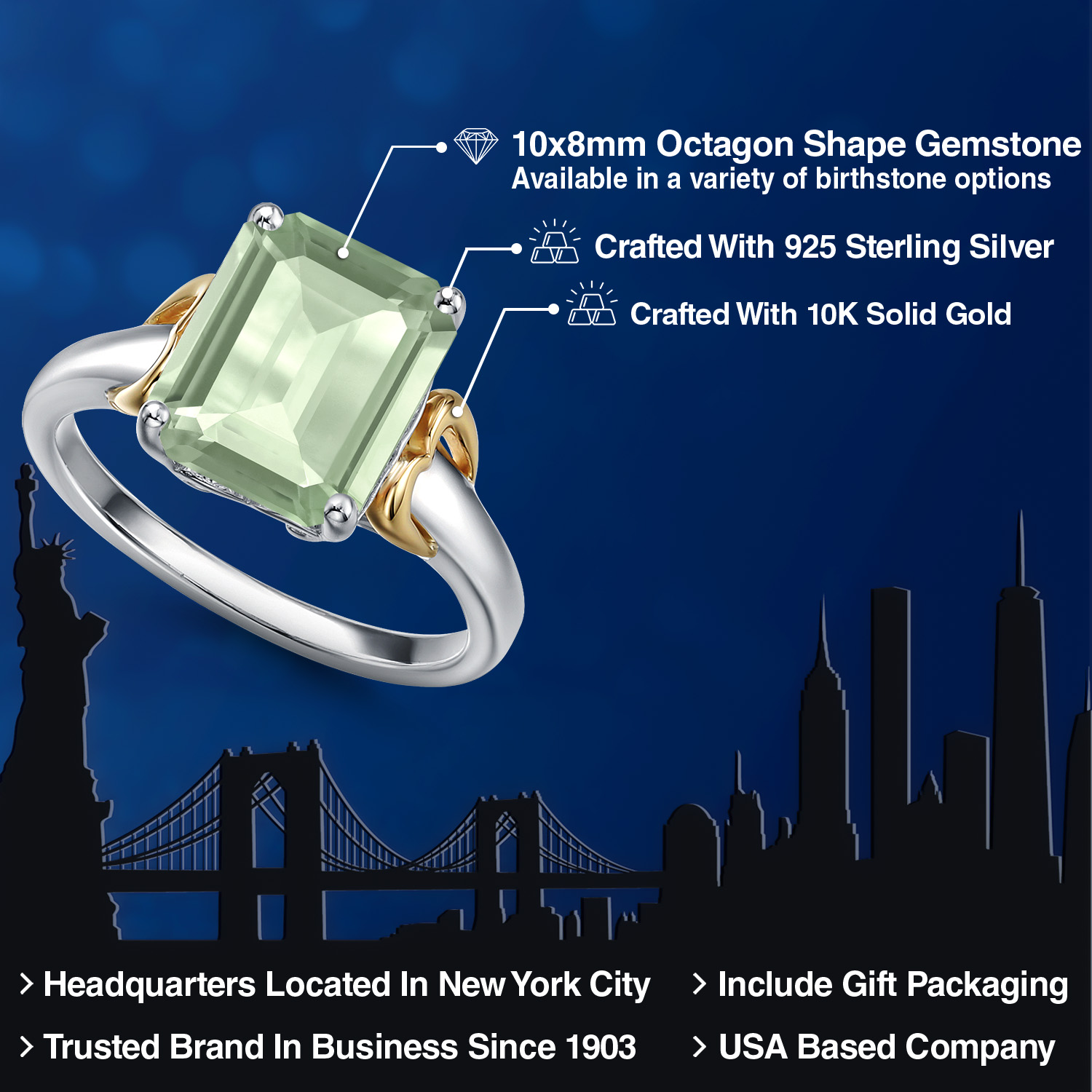 Gem Stone King 925 Silver and 10K Yellow Gold Green Prasiolite Solitaire Engagement Ring for Women | 2.90 Cttw | Octagon 10X8MM | Gemstone Birthstone | Size 5