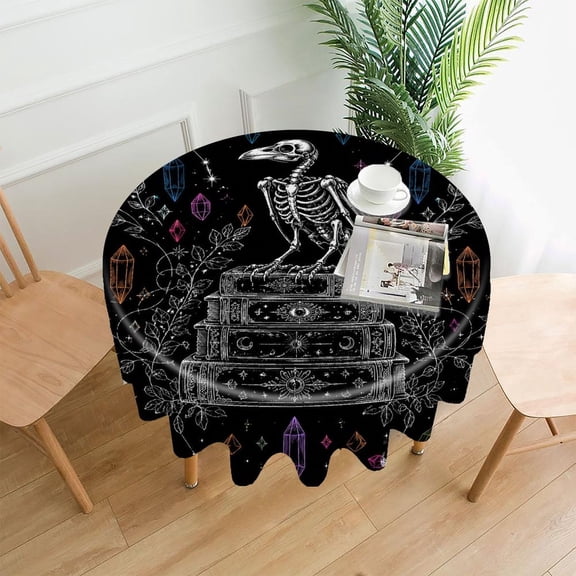 RKSupls 60 Inch Round Tablecloth, Skeleton Raven Crystals Premium Polyester Straight Edge Wrinkle Resistant Washable Table Cover for Party Home Dining Decor