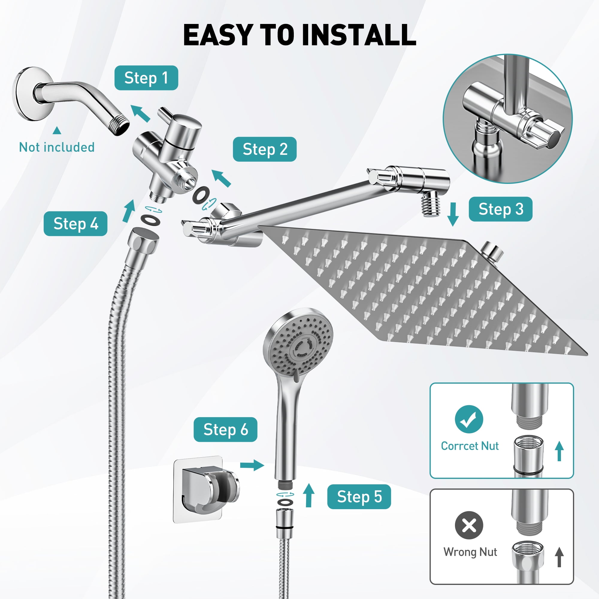 Cshidworld Dual Shower Head Combo, 8" High Pressure Rain Shower Head with 11" Adjustable Extension Arm, 5 Settings Handheld Shower Head with 59" Hose & Holder, Silver Chrome