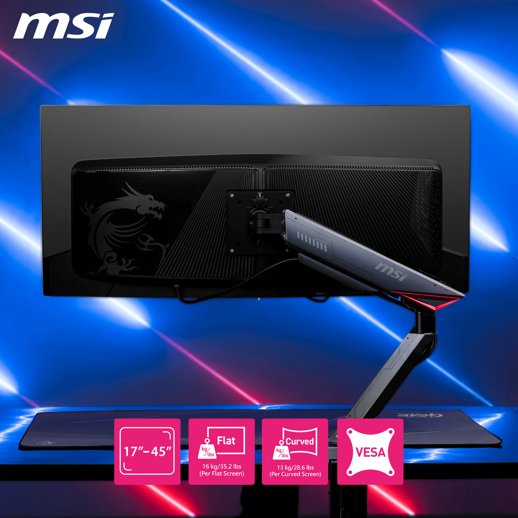 MSI MPG MT161R WMT Single Spring Gaming Monitor Desk Arm, Fully Adjustable Full Motion VESA Mount for up to 17 - 45 inch screen, RGB LED, Tool-free Installation, Clamp & Grommet, Cable Management